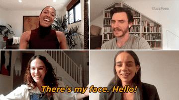 Jessica Brown Findlay saying, &quot;There&#x27;s my face. Hello!&quot; and Kylie Bunbury clapping