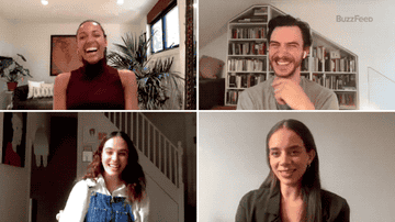 Kylie Bunbury, Harry Lloyd, Jessica Brown Findlay, and Hannah John-Kamen laughing while taking a BuzzFeed quiz
