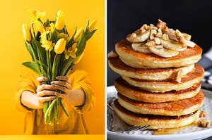On the left, someone stands in front of a yellow background wearing a yellow sweater holding yellow tulips and daffodils, and on the right, a stack of pancakes topped with bananas, honey, and walnuts
