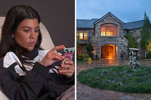 On the left, Kourtney Kardashian scrolls through her phone on an episode of "Keeping Up With the Kardashians," and on the right, a brick mansion with double doors and a stone statue out front
