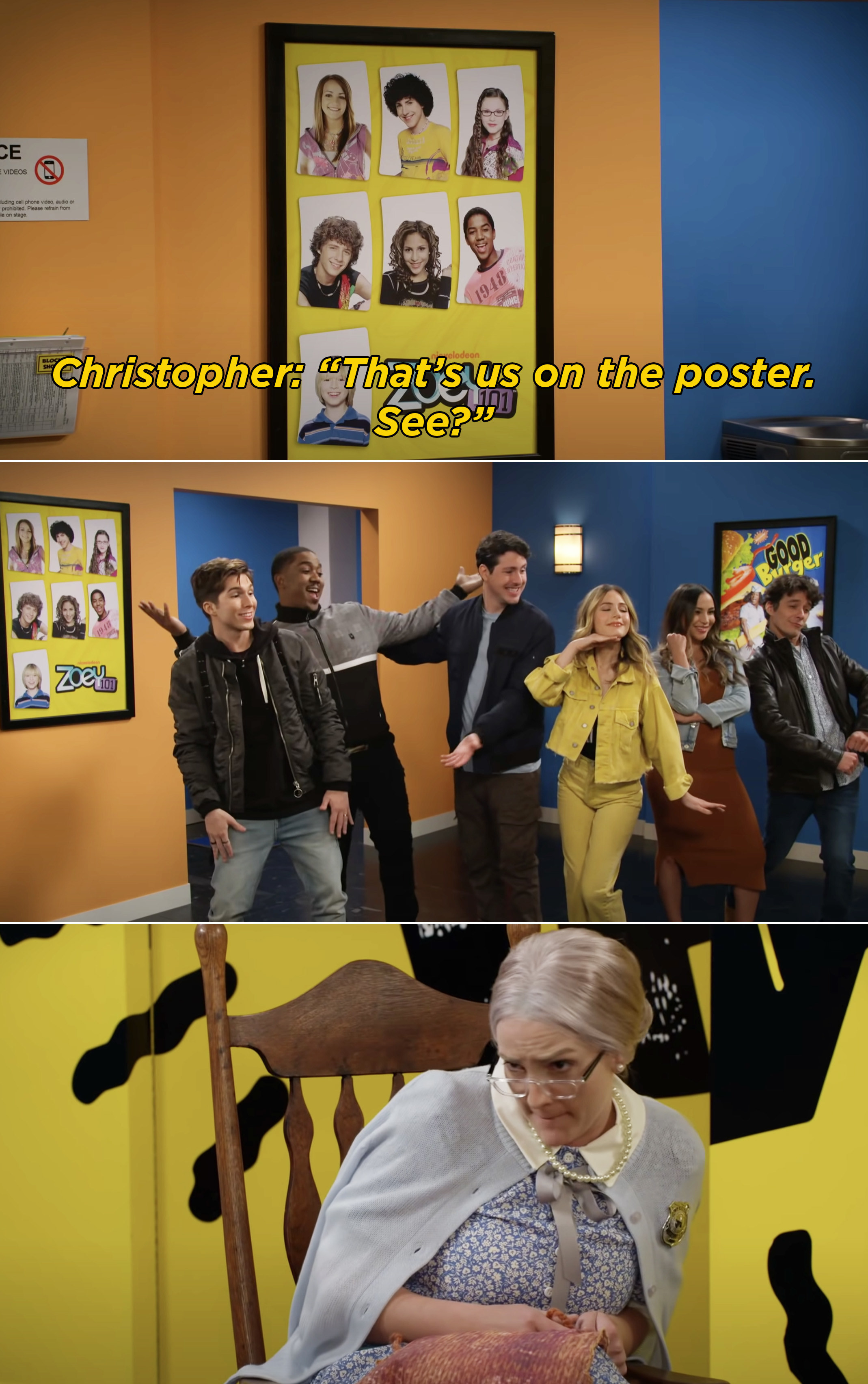 The Zoey 101 cast trying to prove to the elderly Thelma Stump that they are really the cast by posing like the poster