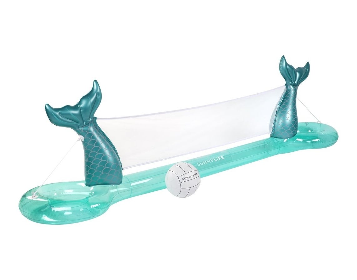 The net, with a teal base and two teal mermaid tails supporting the net on either side, and the inflatable ball