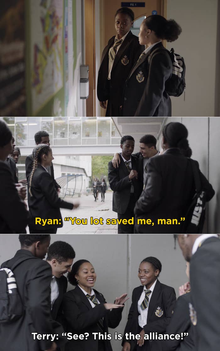 Ryan telling his friends, "You lot saved me, man" and Terry declaring that their group is called the alliance