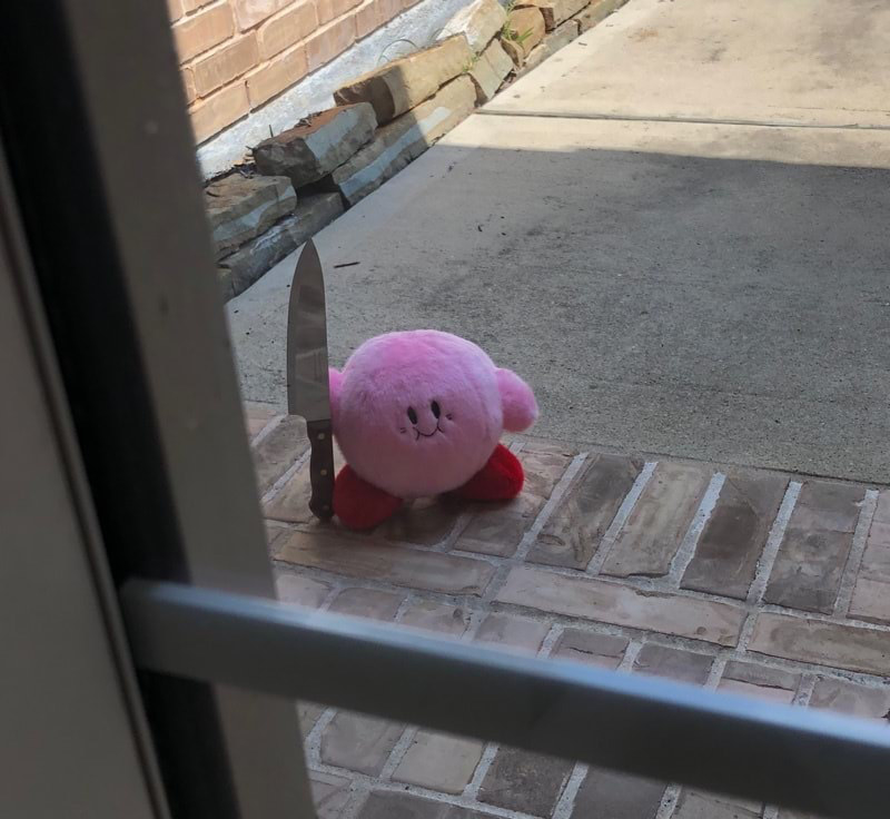 A menacing Kirby brandishing a knife outside your door