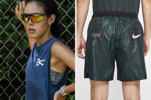 Blue tank paired with amber mirror sunglasses; Green textured running shorts with Nike swoosh on back