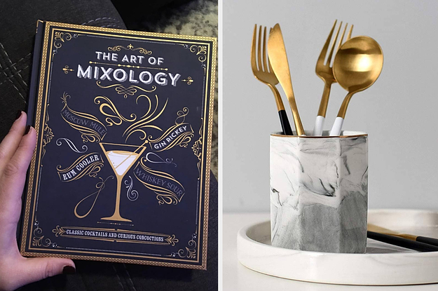 on the left, a cocktail book and on the right, a marble utensil holder