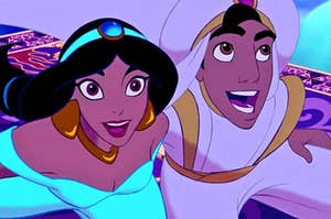 Jasmine and Aladdin flying on the magic carpet