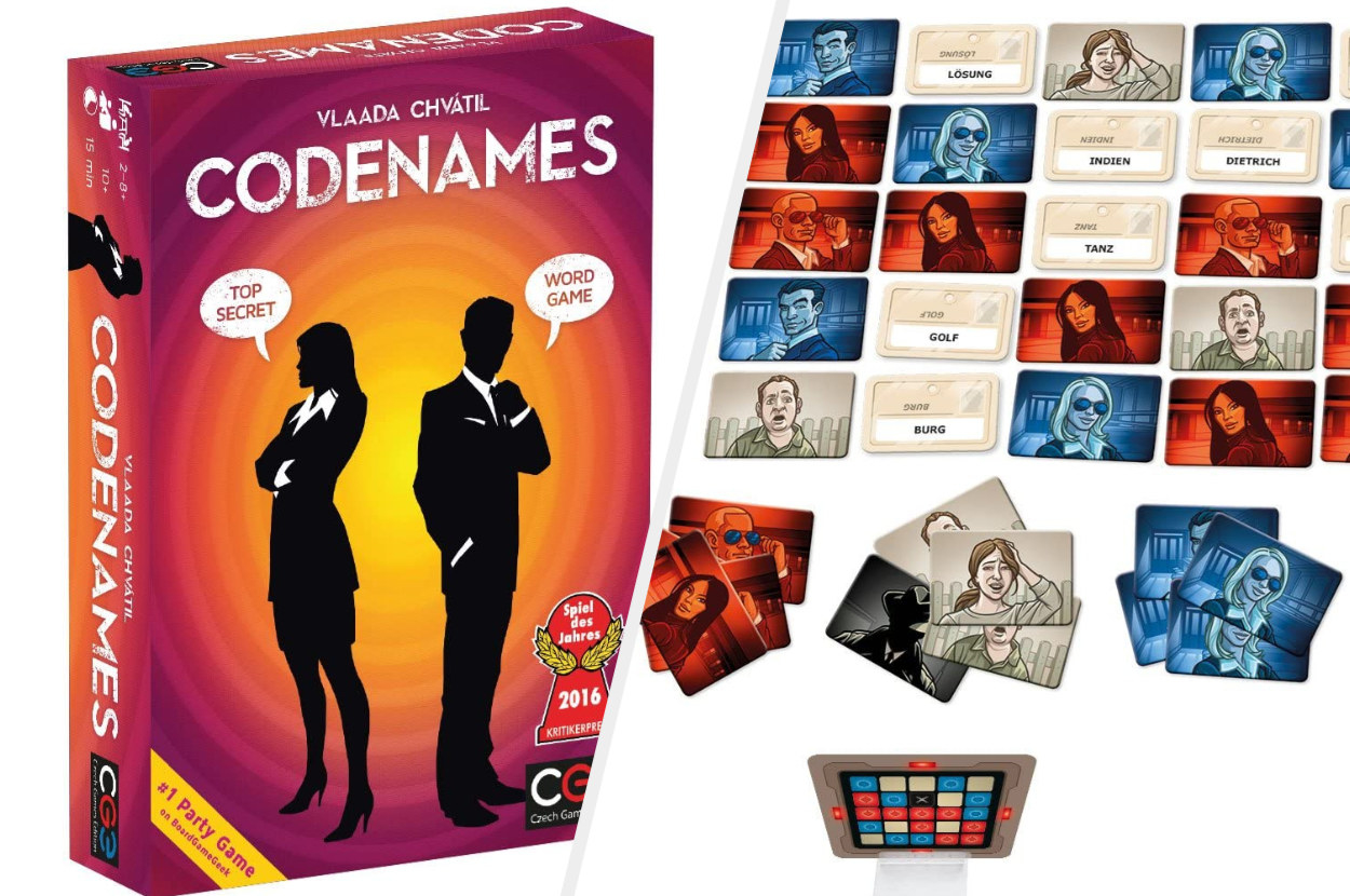 Box art of Codenames showing two silhouetted figures next to the game play cards