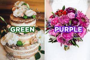 On the left, a naked wedding cake topped with flowers with "green" typed on top of it, and on the right, a bride holds a bouquet of flowers with "purple" typed on top of it