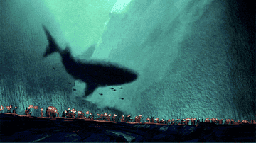 A flash of lightning illuminates a megalodon while Moses leads his people through the Red Sea