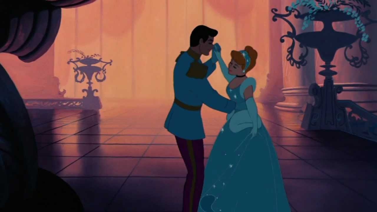 Cinderella dancing with the prince during the ball