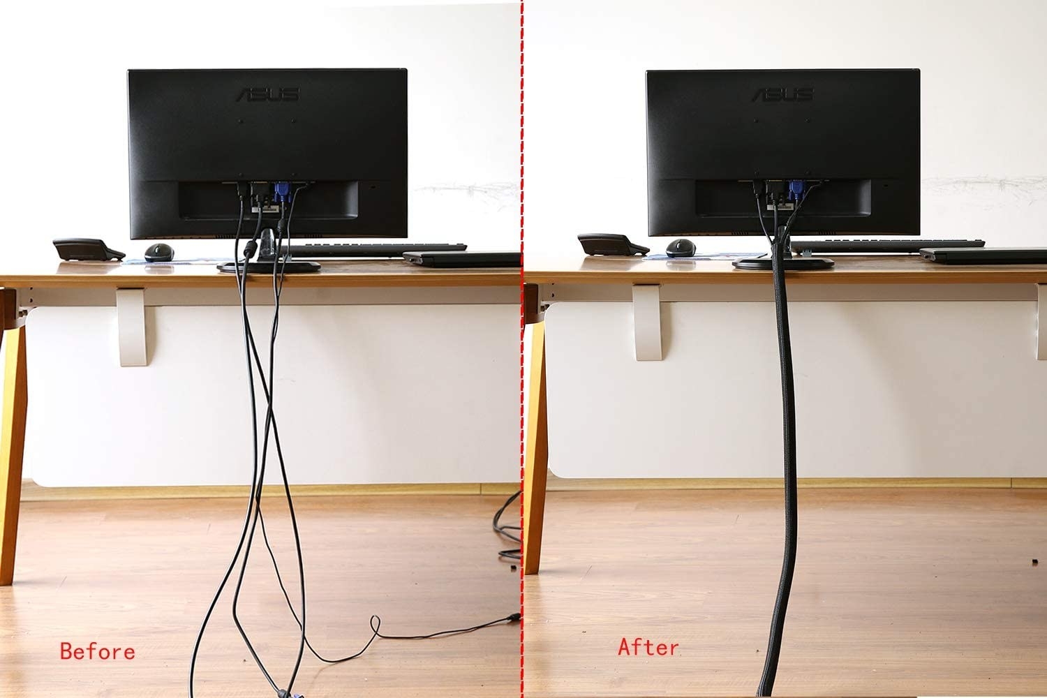 A before and after comparison of tangled cords and cords inside the cord tube