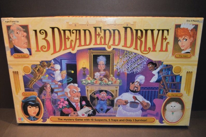 The box for the board game 13 Dead End Drive, which features cartoon drawings of the game characters