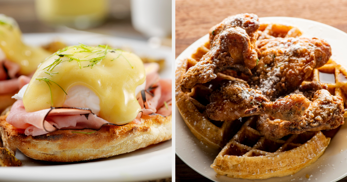 An image with eggs Benedict on one side and chicken and waffles on the other