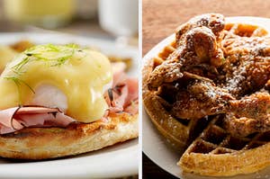 An image with eggs Benedict on one side and chicken and waffles on the other