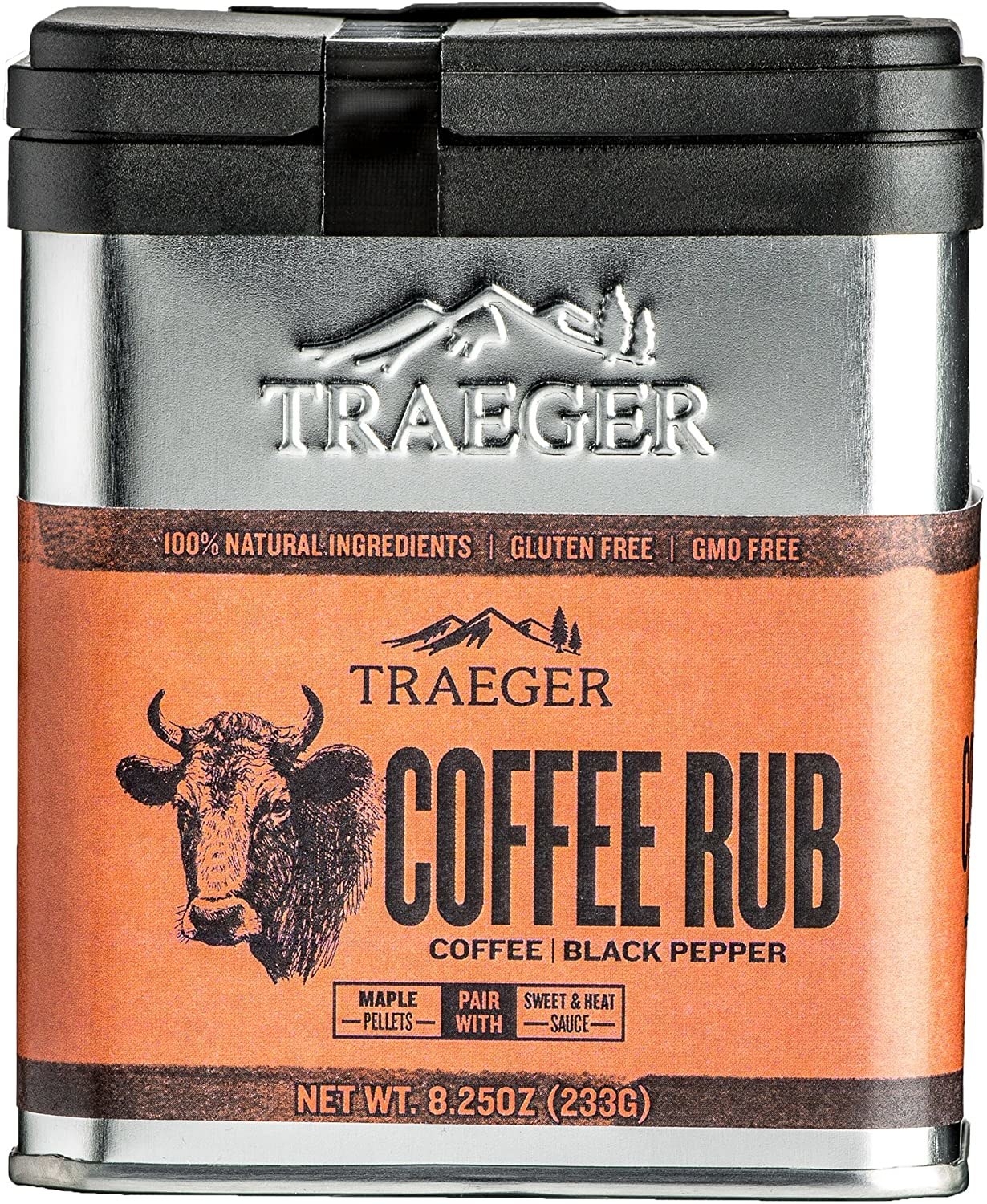 A canister of Traeger Grills Seasoning and BBQ Coffee Rub
