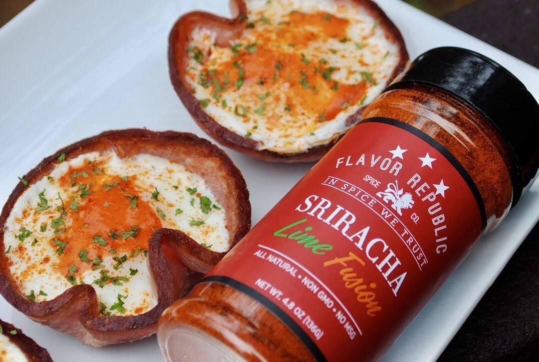 A bottle of Sriracha Lime Fusion Seasoning next to an egg dish