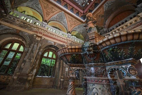 Romanian bath house and spa with detailed  colourful tiles, ornate details