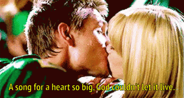 Hilary Duff kisses Chad Michael Murray in A Cinderella Story with the lyrics a song for a heart so big God couldn&#x27;t let it live on top