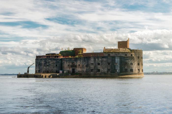 Russian sea fort in the middle of the water, run down and disused