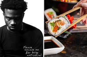 Roddy Ricch posing on a black and white album cover on the left with sushi between two chopsticks on the right