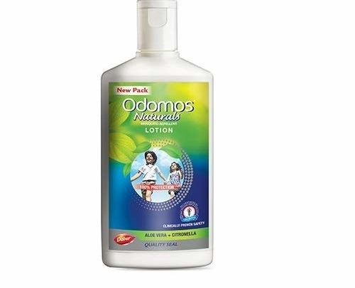 Front view of an Odomos lotion bottle.
