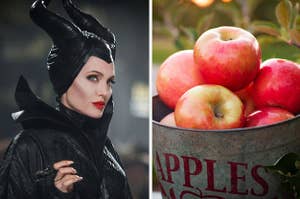 Angelina Jolie dressed as Maleficent with a bucket of apples on the right