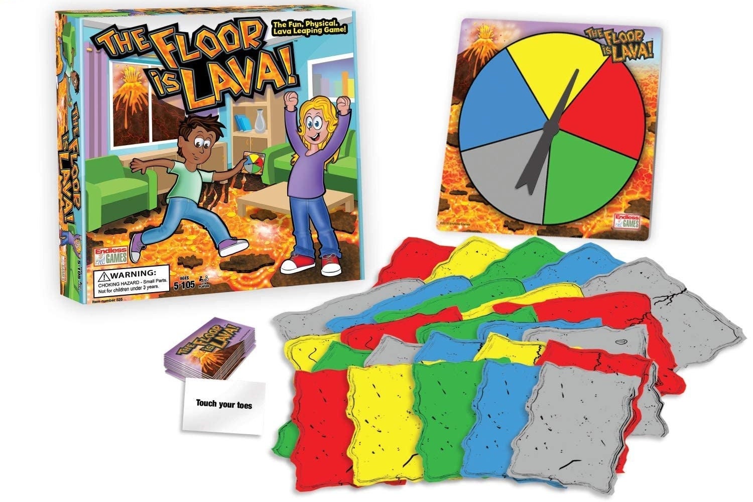 the game box, the square "safety stones" in different colors, and a circular spinner for selecting a color