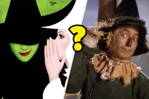 Wicked poster with Glinda whispering to the Elphaba with Ray Bolger as the Scarecrow on the right