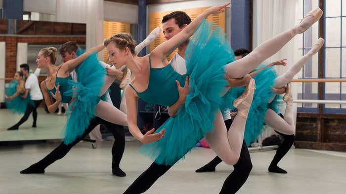 A photo from one of the Dance Academy studios, with students practising a ballet sequence