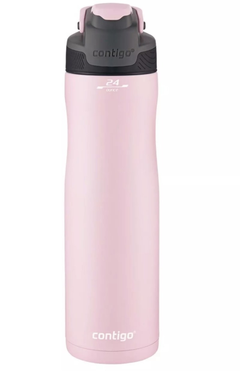 A pink Contigo water bottle with a nozzle on the lid 