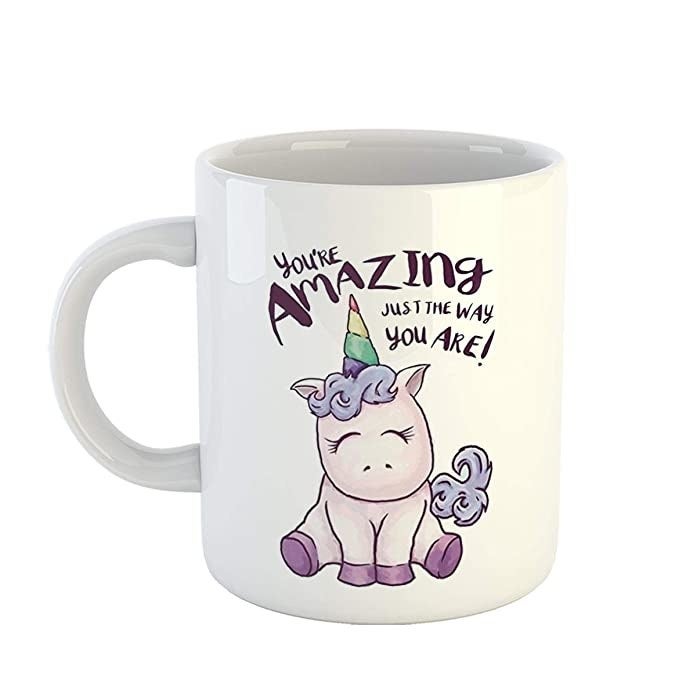 Mug with a unicorn and the words ‘You are amazing just the way you are’ printed on it.
