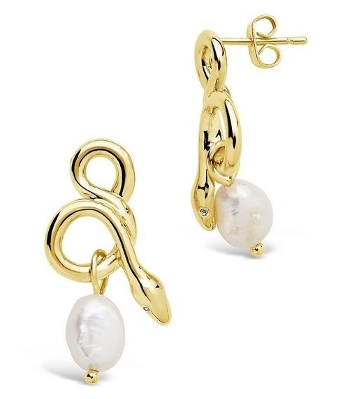 gold snake earrings with pearl