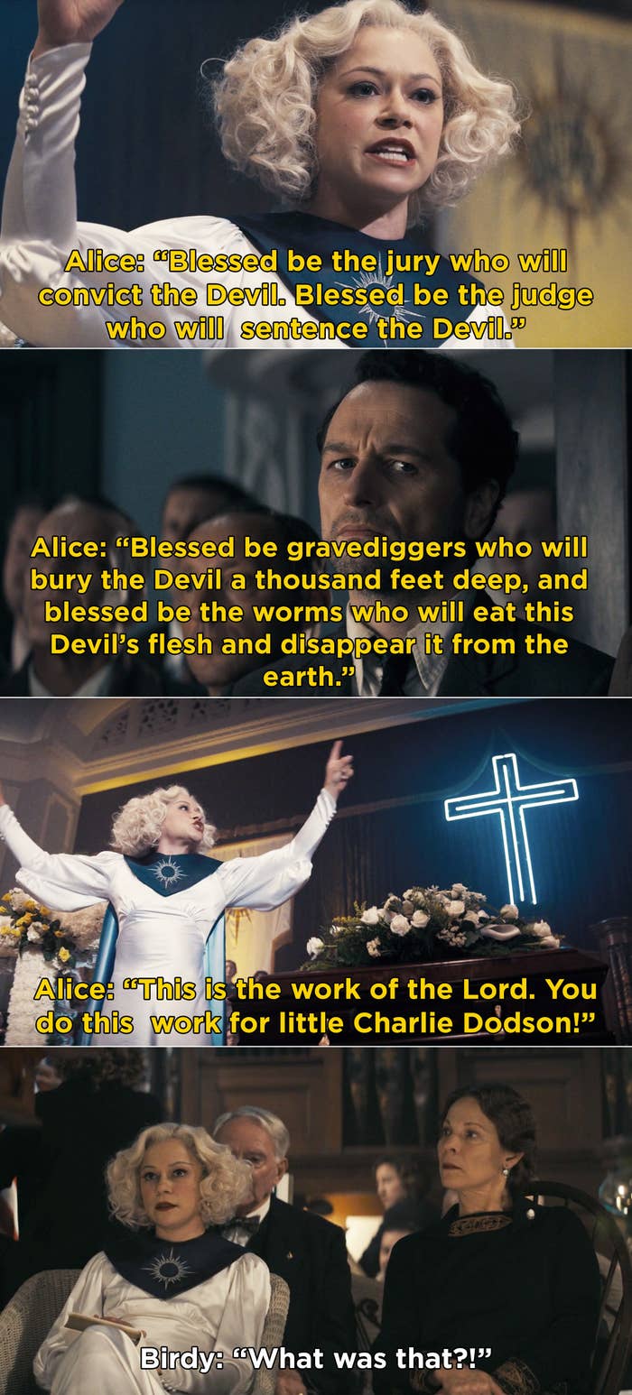 Sister Alice giving a passionate sermon pleading with the jury, judge, and gravediggers to persecute the devil that killed Charlie Dodson