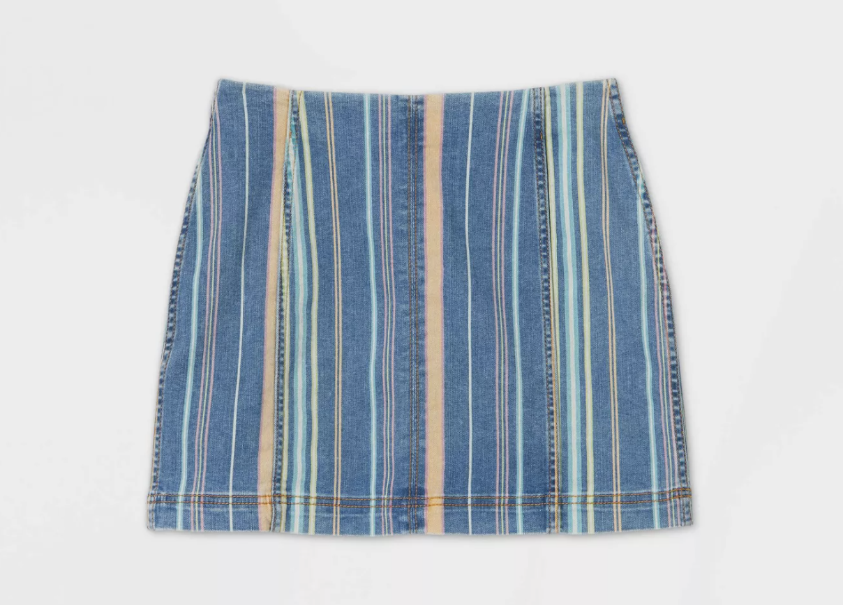 a denim mini skirt with light blue and yellow stripes