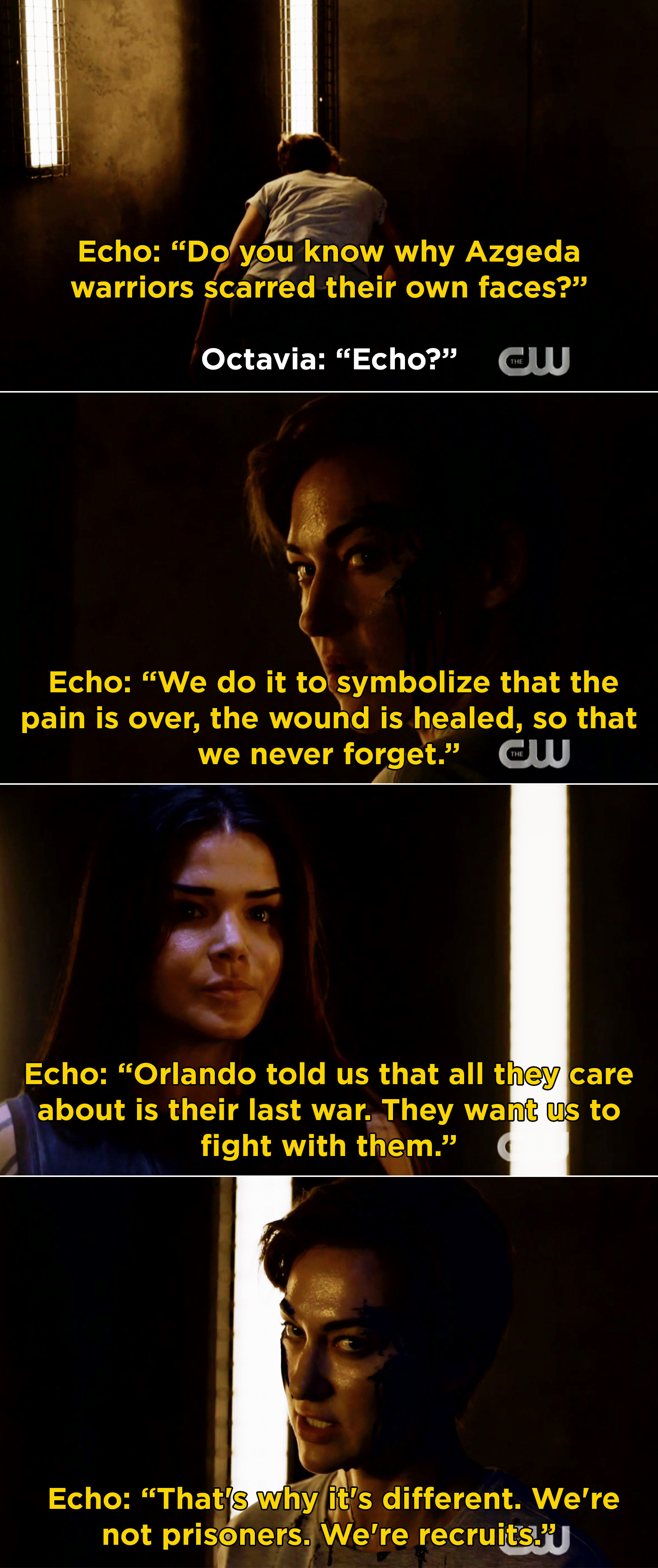 Echo revealing to Octavia that she cut her own face to symbolize that the &quot;pain is over&quot; and Echo realizing that they aren&#x27;t prisoners on Bardo, but recruits for the last war