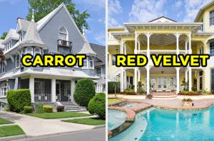 On the left, a Victorian-style home with a wraparound porch on the corner on the street and "carrot" typed on top of it, and on the right, large mansion with a pool in the backyard and "red velvet" typed on top of it