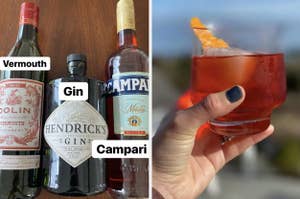 A split screen featuring bottles of vermouth, gin, and Campari on the right. A hand on the left is holding a negroni.