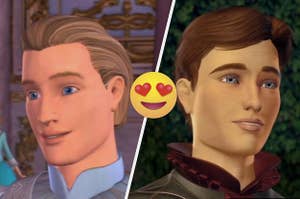 On the left, Prince Daniel from " Barbie of Swan Lake," and on the right, Derek from "Barbie and the 12 Dancing Princesses" and there is an emoji with hearts for eyes in between them