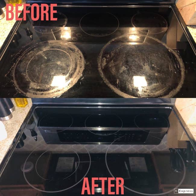 A before and after review photo of a dingy corroded-looking, and then clean electric cooktop