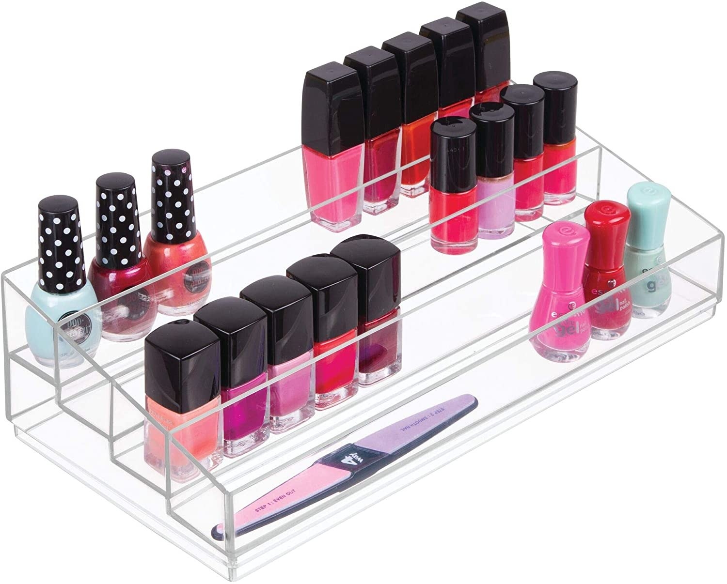 A transparent tiered organizer with nail polishes and a nail file inside