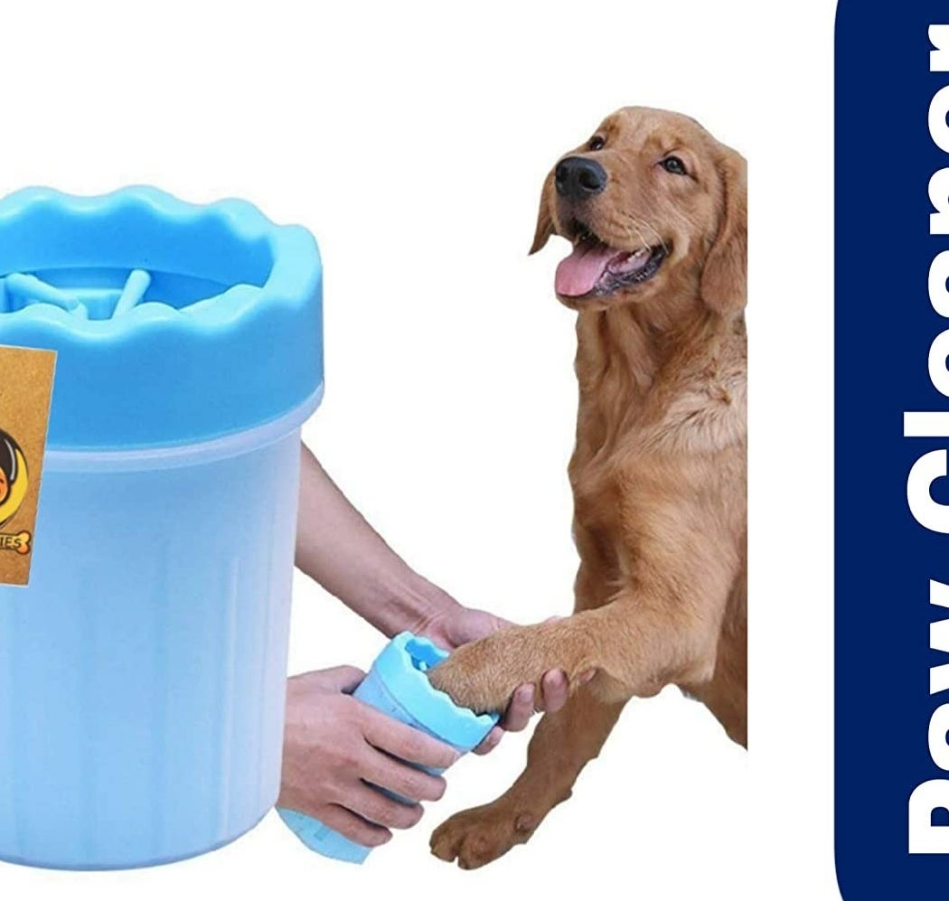 A person cleaning a dog&#x27;s paw in a cleaning cup, alongside a close up of the cup