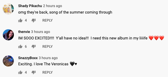 Comments from fans on The Veronica&#x27;s YouTube page