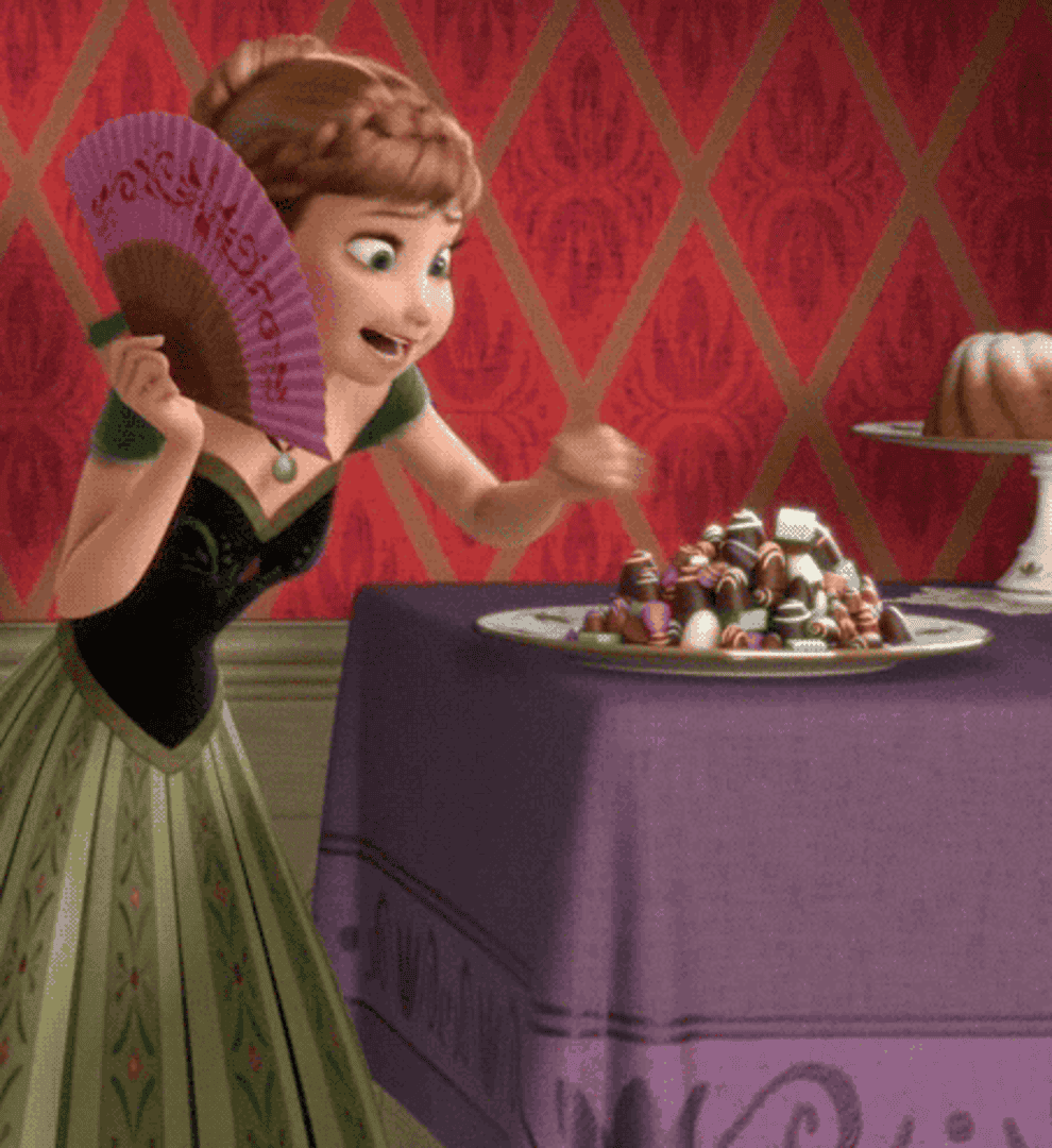 Cartoon princess rapidly eating a pile of individual chocolates while trying to hide behind her fan