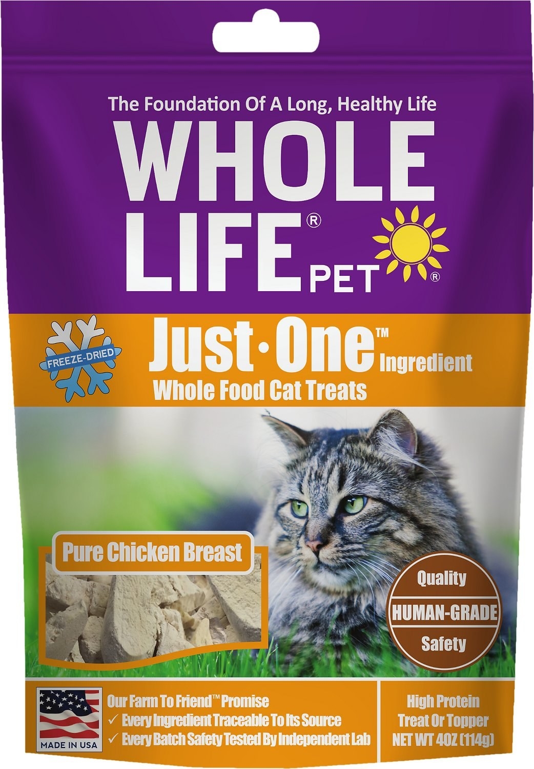 Close-up of the high protein treats with a cat in the background of the packaging 