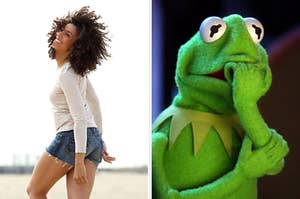 On the left, a woman smiles as her curly hair flies in her face on the beach while wearing denim shorts and a long sleeve t-shirt, and on the right, Kermit the Frog bites his nails nervously