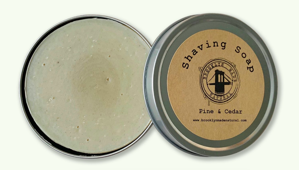 Pine and cedar shaving soap in a round tin