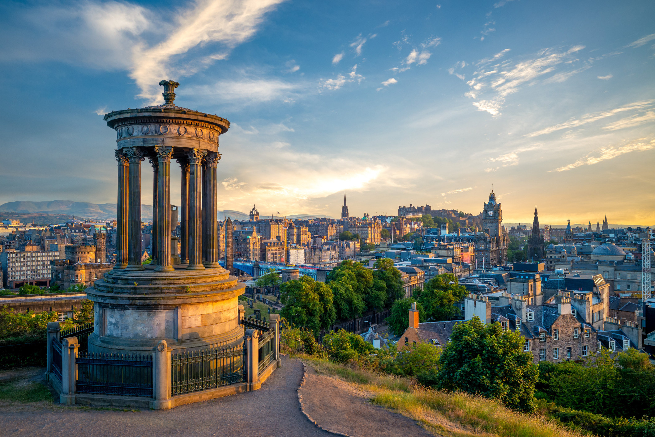 A view across Edinburgh from Calton Hill at dusk 