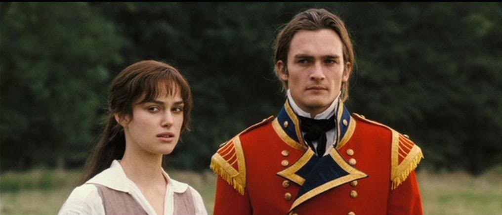 Elizabeth Bennet and George looking at Mr. Darcy ride away on his horse with deep curiosity