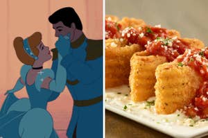 On the left, Cinderella and Prince Charming dance and look into each other's eyes, and on the right, Lasagna Fritta from Olive Garden